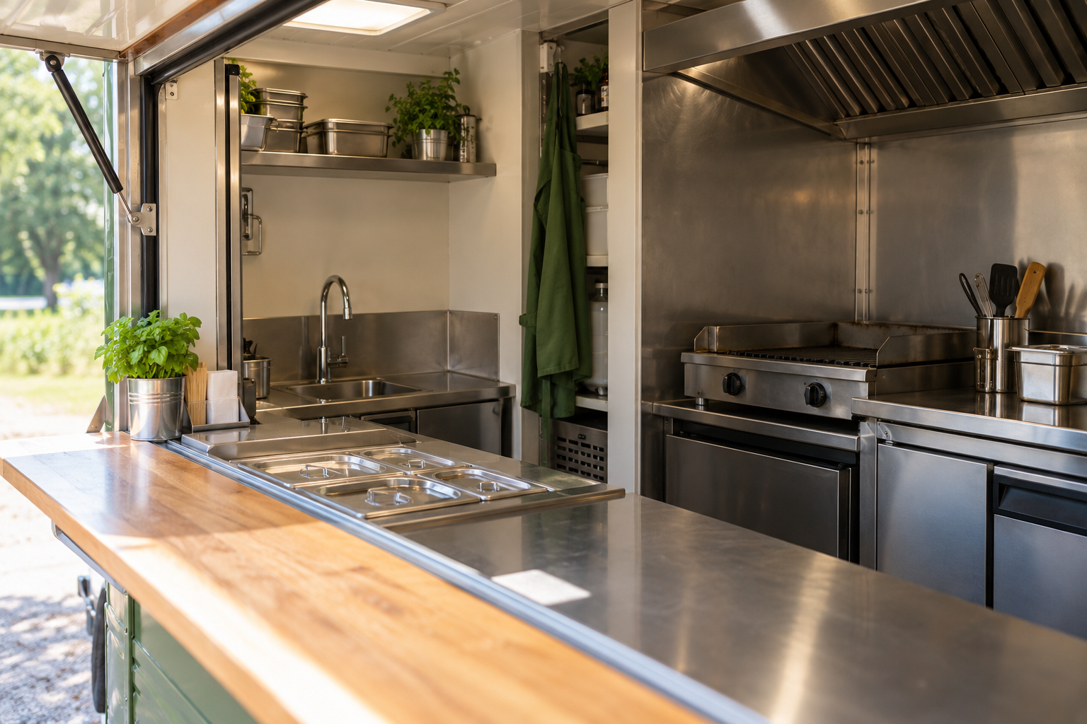 Wnętrze niewielkiego food trucka z umywalką, stanowiskiem przygotowania składników i grillem.