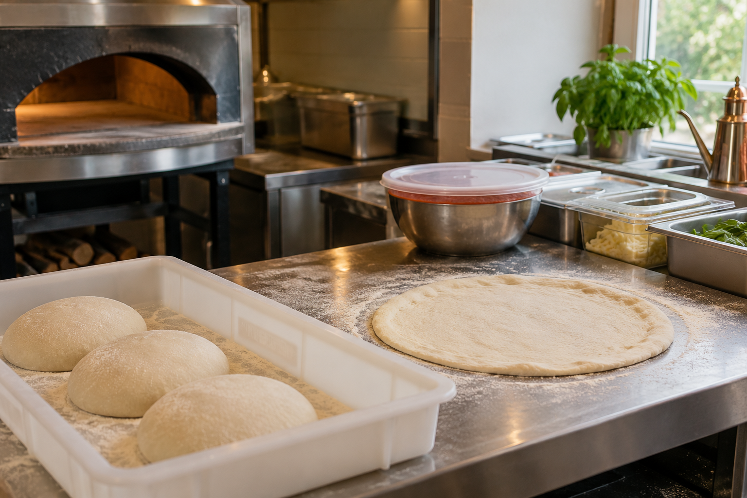 Porcje ciasta i rozciągnięty spód pizzy na blacie, obok pojemników ze składnikami i pieca.
